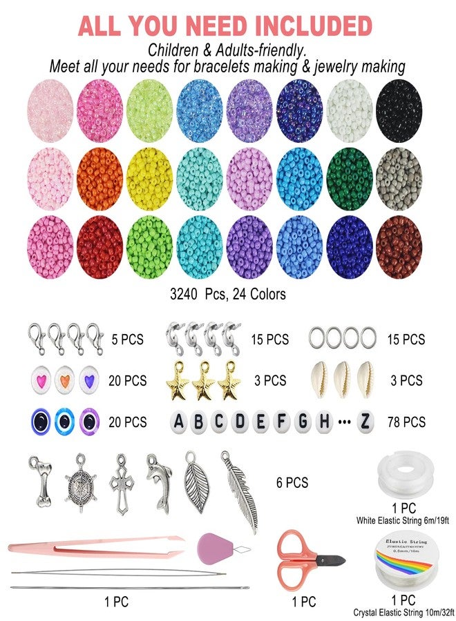 Redtwo 3400pcs 4mm Glass Seed Beads for Jewelry Making Kit, Small Beads Friendship Bracelets Making Kits, Tiny Waist Beads Kit with Evil Eye Letter Beads and Elastic String, DIY Art Craft Girls Gifts - Image 3